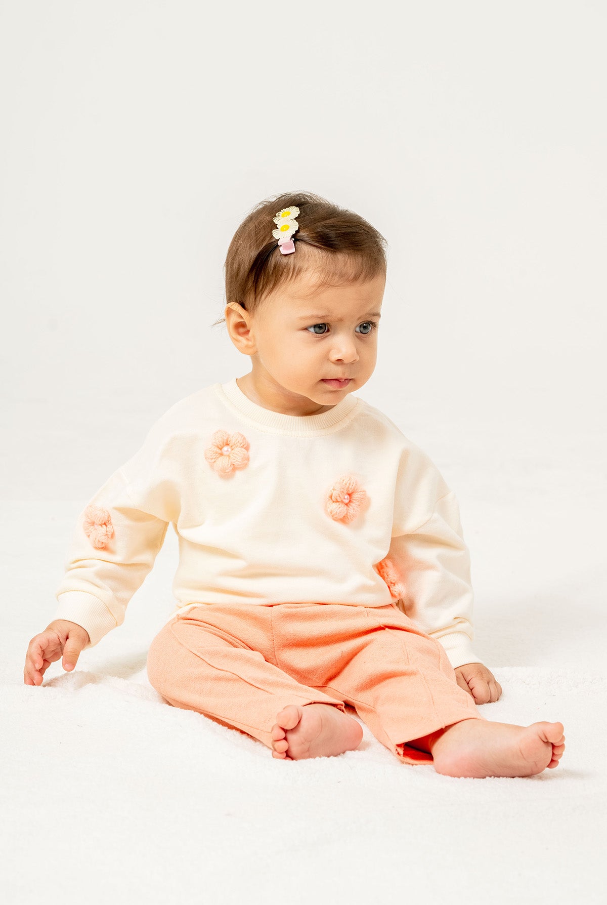 Kız Bebek Çiçek Aplikeli Uzun Kollu Sweatshirt ve Şardonlu Pantolon İkili Takım 9-24 Ay